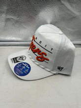 Load image into Gallery viewer, Close-up view of the Detroit Tigers MLB 47 Brand White Script Hitch Rope Adjustable Snapback Hat showcasing its detailed script design, a must-have Detroit Tigers hat.
