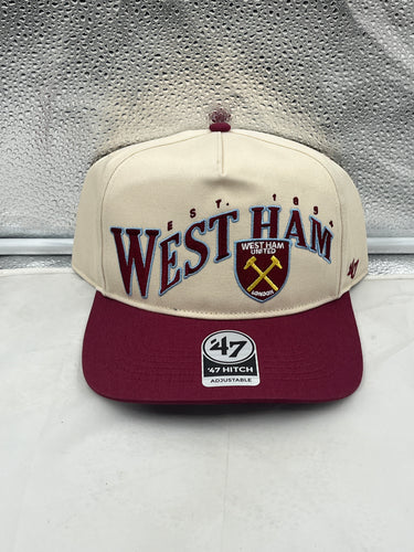 West Ham United EPL '47 Brand Natural TT Wave Hitch Adjustable Snapback Hat showcasing the iconic team colors and logo.