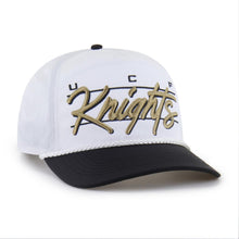 Load image into Gallery viewer, Close-up of the UCF Knights NCAA '47 Brand White TT Script Hitch Rope Adjustable Snapback Hat, showcasing the iconic UCF Knights logo and script design, ideal for proud UCF Knights hat wearers.
