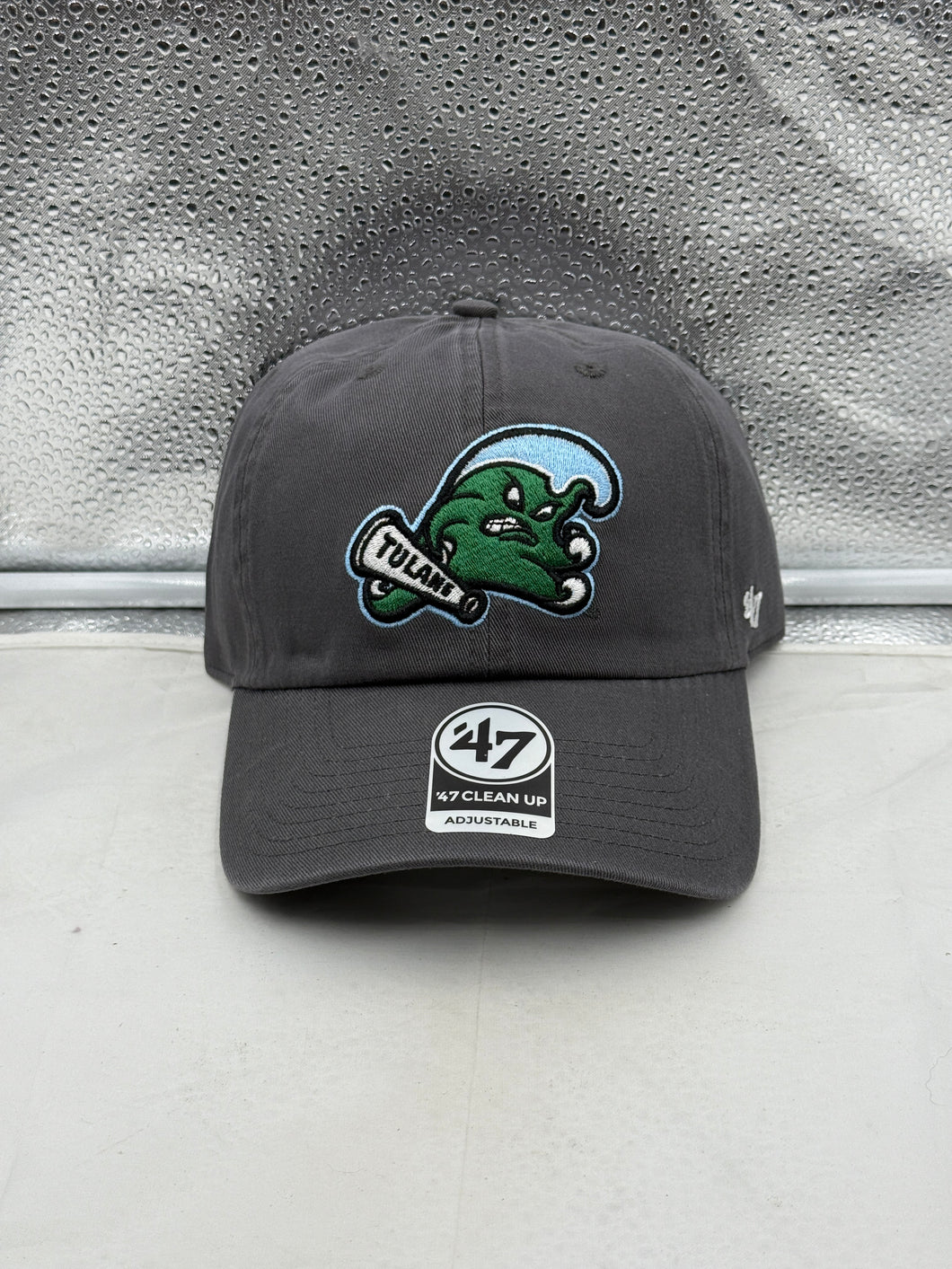 Tulane Green Wave NCAA '47 Brand Gray Clean Up Adjustable Strapback Hat showcasing a stylish gray design, ideal for fans of the Tulane Green Wave hat.