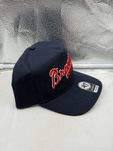 Load image into Gallery viewer, Atlanta Braves MLB &#39;47 Brand Navy Hitch Adjustable Snapback Hat - Model Wearing Hat, showing the stylish look of the Atlanta Braves hat in casual wear.
