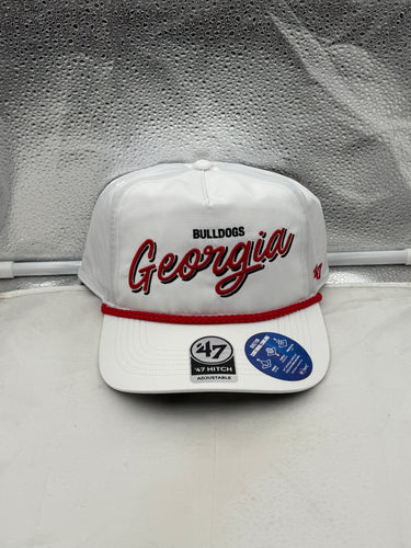 Georgia Bulldogs NCAA '47 Brand White Script Hitch Rope Adjustable Snapback Hat, showcasing bold script logo design and sleek white color, perfect for fans.