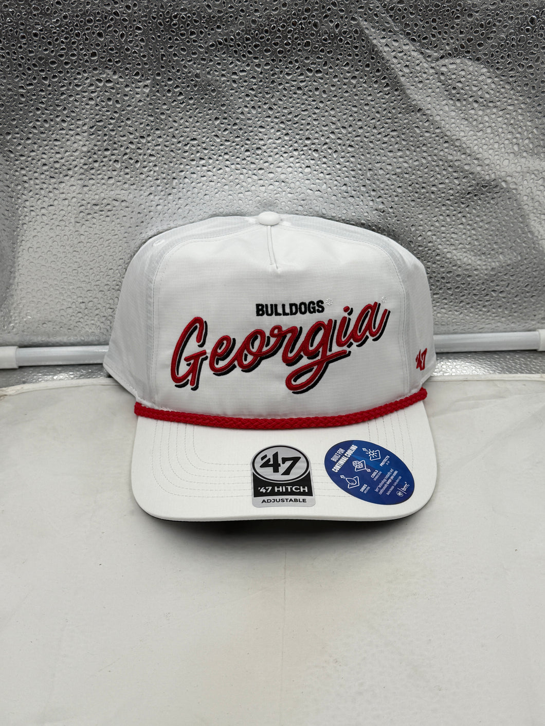 Georgia Bulldogs NCAA '47 Brand White Script Hitch Rope Adjustable Snapback Hat, showcasing bold script logo design and sleek white color, perfect for fans.