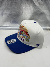 Load image into Gallery viewer, Close-up view of Kansas Jayhawks NCAA '47 Brand Champs Off White TT Hitch Adjustable Snapback Hat, highlighting details of the Kansas Jayhawks hat.
