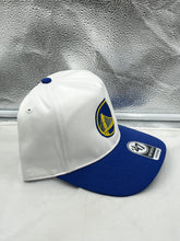 Load image into Gallery viewer, Close-up of the Golden State Warriors NBA &#39;47 Brand White Two Tone Hitch Adjustable Snapback Hat logo and fabric texture.
