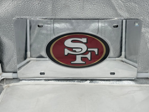 San Francisco 49ers NFL Silver Reflective Lasercut License Plate by WinCraft, showcasing the iconic 49ers logo with a bold reflective design, perfect for expressing team pride on any vehicle.