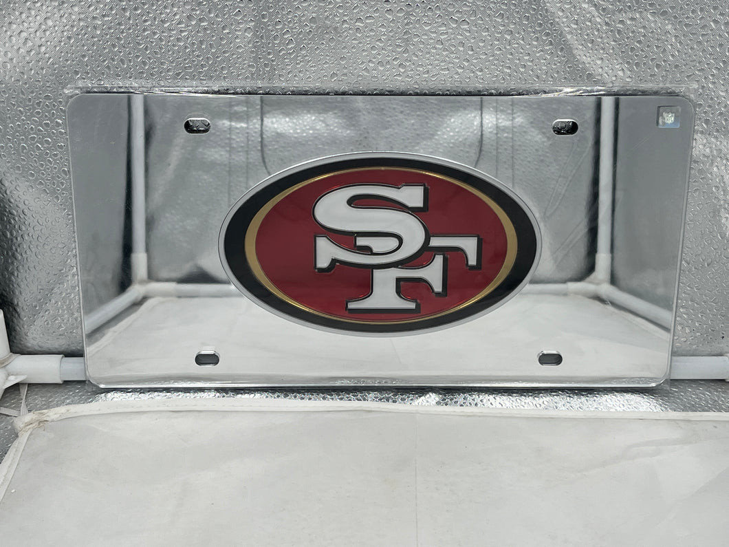 San Francisco 49ers NFL Silver Reflective Lasercut License Plate by WinCraft, showcasing the iconic 49ers logo with a bold reflective design, perfect for expressing team pride on any vehicle.