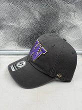 Load image into Gallery viewer, Close-up view of Washington Huskies NCAA '47 Brand Gray Clean Up Adjustable Strapback Hat highlighting the adjustable strap for a comfortable fit.
