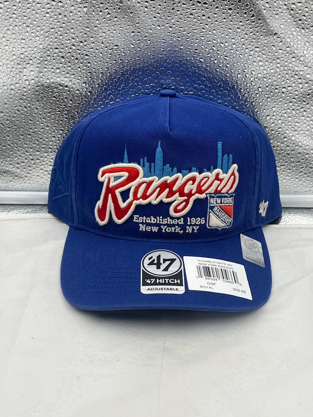 New York Rangers NHL '47 Blue Charlton Hitch Adjustable Snapback Hat displayed with Rangers logo against a white background.