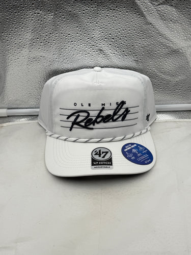 Ole Miss Rebels NCAA '47 Brand White Hitch Script Rope Adjustable Snapback Hat showcasing team spirit with classic rope detail, perfect for dedicated fans.