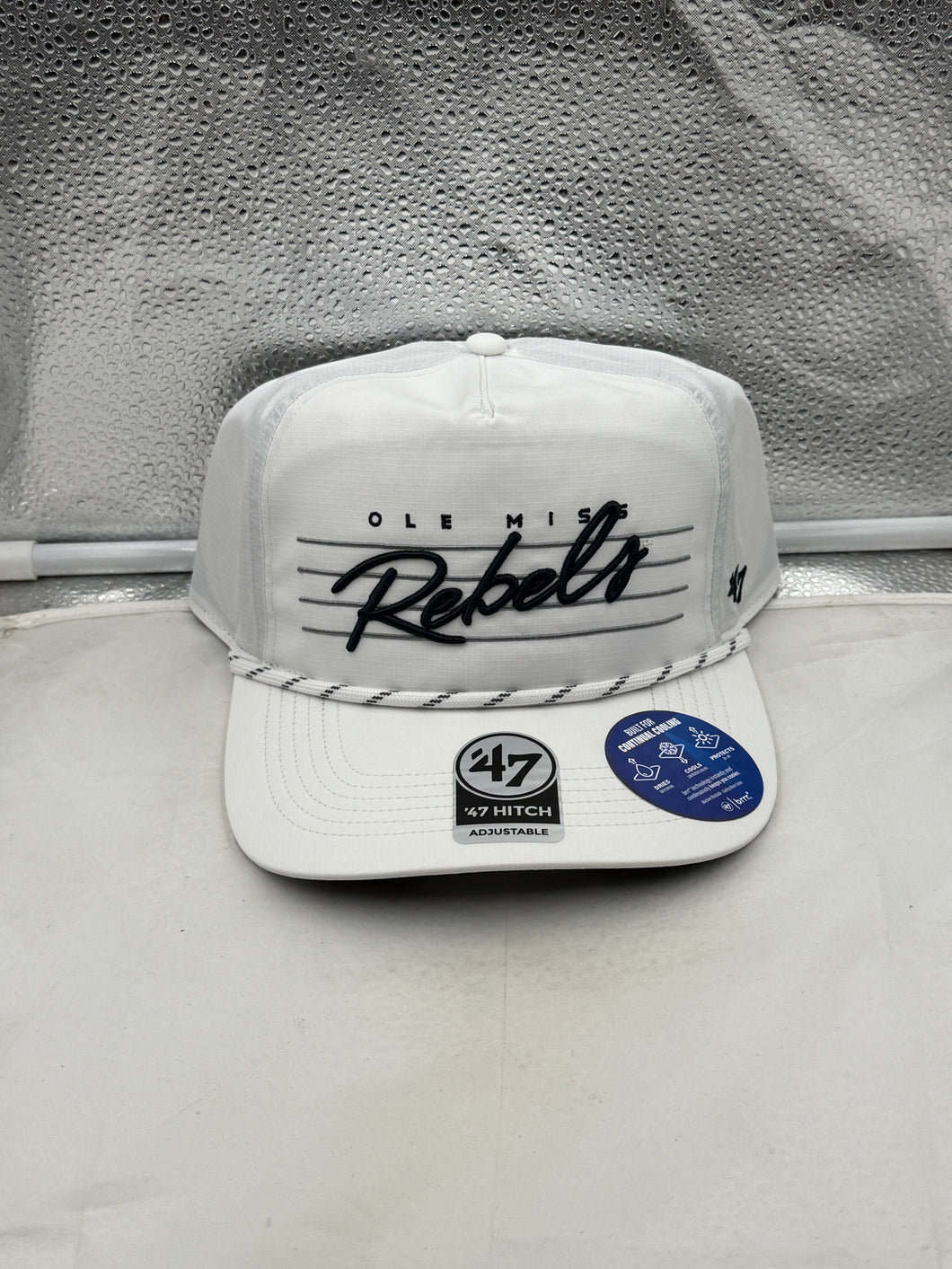 Ole Miss Rebels NCAA '47 Brand White Hitch Script Rope Adjustable Snapback Hat showcasing team spirit with classic rope detail, perfect for dedicated fans.