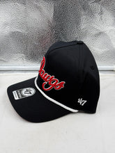 Load image into Gallery viewer, Close-up image of the Georgia Bulldogs NCAA '47 Brand Script Black Rope Hitch Adjustable Snapback Hat featuring the distinctive script logo and adjustable snapback closure.

