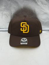 Load image into Gallery viewer, San Diego Padres MLB &#39;47 Brand Brown Hitch Adjustable Snapback Hat featured front view, showcasing a vintage look ideal for fans, perfect for all baseball enthusiasts looking for a stylish San Diego Padres hat.
