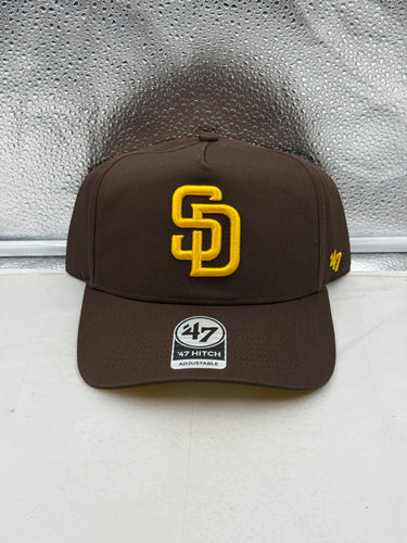 San Diego Padres MLB '47 Brand Brown Hitch Adjustable Snapback Hat featured front view, showcasing a vintage look ideal for fans, perfect for all baseball enthusiasts looking for a stylish San Diego Padres hat.