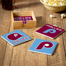 Load image into Gallery viewer, Set of 4 Philadelphia Phillies Coasters by Evergreen Enterprises featuring iconic team logos and colors.
