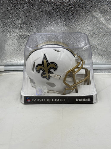 New Orleans Saints NFL Riddell Speed On-Field Alternate White Mini Helmet, showcasing a detailed design and team logo, ideal for collectors and fans of the New Orleans Saints Mini Helmet.