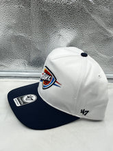Load image into Gallery viewer, Close-up view of the Oklahoma City Thunder NBA &#39;47 Brand White Two Tone Hitch Adjustable Snapback Hat, highlighting the quality stitching and two-tone design.
