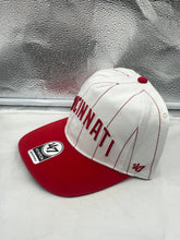 Load image into Gallery viewer, Close-up view of the Cincinnati Reds MLB &#39;47 Brand White TT Script Hitch Adjustable Snapback Hat showcasing the stylish TT Script logo craftsmanship.
