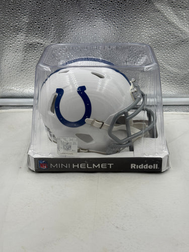 Detailed view of the Indianapolis Colts NFL Riddell Speed White Mini Helmet showcasing the team's iconic logo.