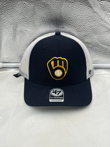 Milwaukee Brewers MLB '47 Brand Navy Blue Trucker Mesh Snapback Adjustable Hat showcasing a stylish and breathable design, perfect for game day.