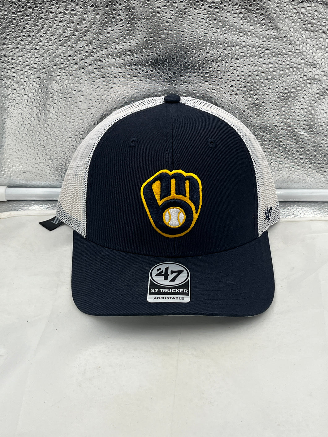 Milwaukee Brewers MLB '47 Brand Navy Blue Trucker Mesh Snapback Adjustable Hat showcasing a stylish and breathable design, perfect for game day.