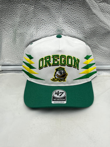 Oregon Ducks NCAA '47 Brand White Diamond Hitch Snapback Adjustable Hat displayed with vibrant colors and intricate design, perfect for fans and outdoor activities.