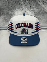 Load image into Gallery viewer, Colorado Avalanche NHL '47 Brand White Diamond Hitch Adjustable Snapback Hat displayed in a stylish setting, perfect for showing team pride.
