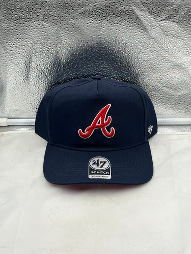 Atlanta Braves MLB '47 Brand Navy Blue Hitch Adjustable Snapback Hat for loyal fans, showcasing durability and style perfect for game day.
