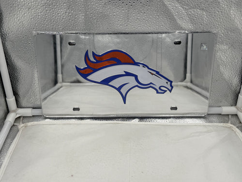 Denver Broncos NFL Silver Reflective Lasercut License Plate by WinCraft showcasing the team's logo and reflective design features.
