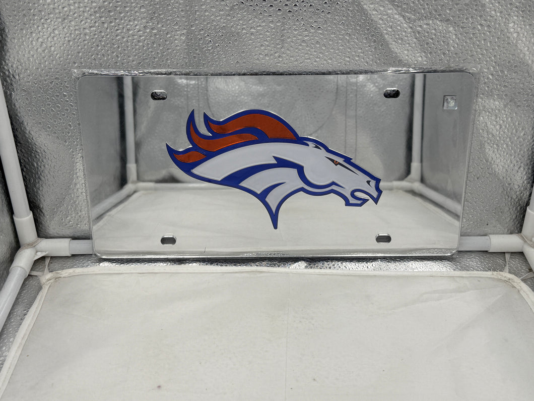 Denver Broncos NFL Silver Reflective Lasercut License Plate by WinCraft showcasing the team's logo and reflective design features.