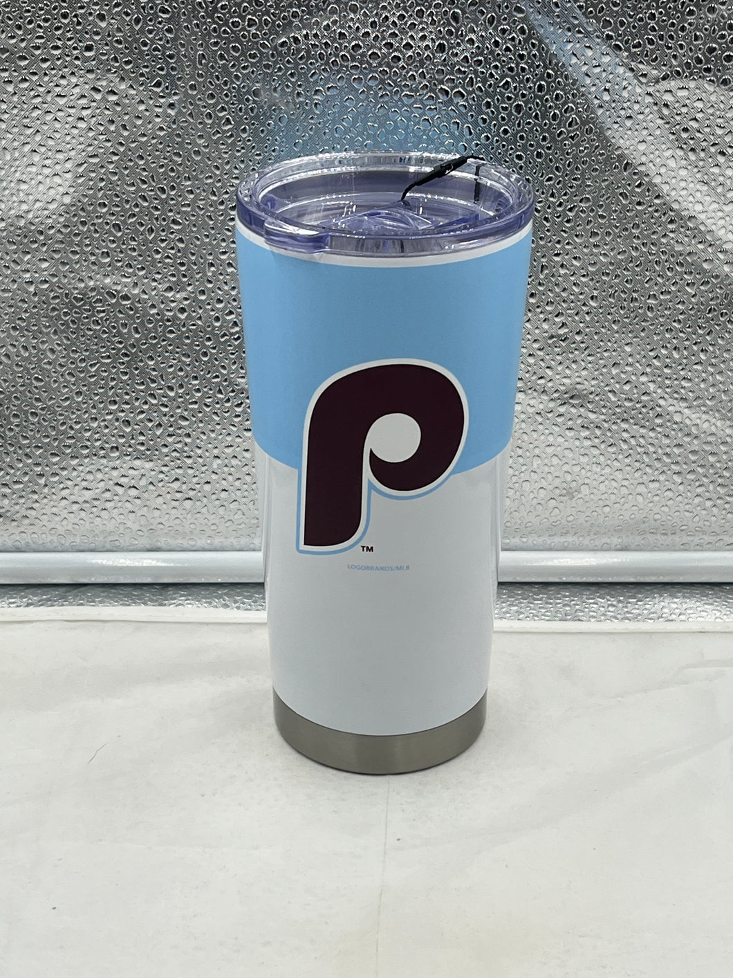 Philadelphia Phillies Throwback MLB 20oz Blue Tumbler Cup featuring the iconic Phillies logo, perfect for fans showing team spirit.