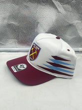 Load image into Gallery viewer, Close-up view of the West Ham United EPL &#39;47 Brand White TT Diamond Hitch Adjustable Snapback Hat, highlighting the adjustable snapback feature and high-quality fabric.
