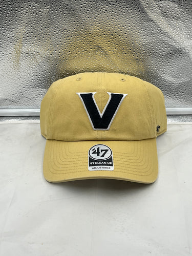 Vanderbilt Commodores NCAA '47 Brand Gold Clean Up Adjustable Strapback Hat showcasing the team's logo and vibrant gold color, perfect for demonstrating your fandom.