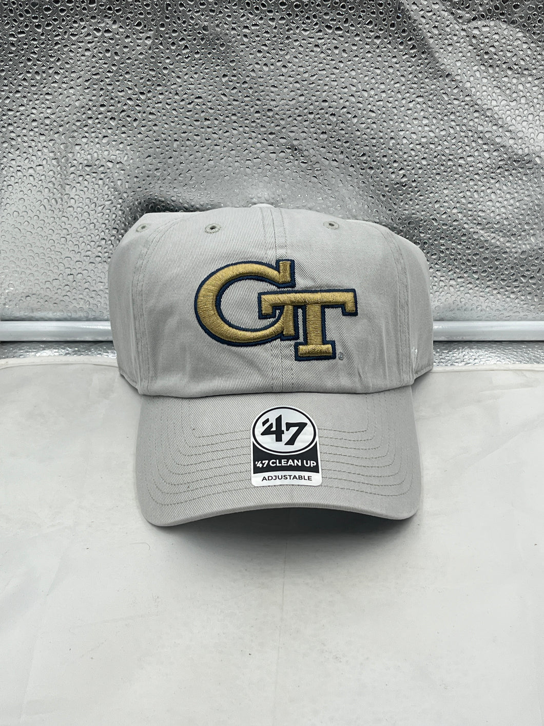 Georgia Tech Yellow Jackets NCAA '47 Brand Gray Clean Up Adjustable Hat showcasing stylish gray design with iconic team logo, perfect for fans and everyday casual wear.