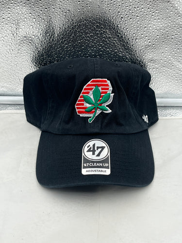 Ohio State Buckeyes NCAA '47 Brand Throwback Black Clean Up Adjustable Hat front view showcasing the iconic team logo.