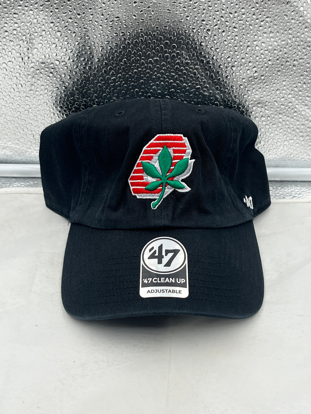 Ohio State Buckeyes NCAA '47 Brand Throwback Black Clean Up Adjustable Hat front view showcasing the iconic team logo.