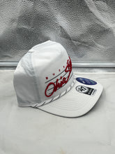 Load image into Gallery viewer, Ohio State Buckeyes NCAA &#39;47 Brand White Script Hitch Adjustable Snapback Hat placed against a casual backdrop to illustrate versatility in fashion.
