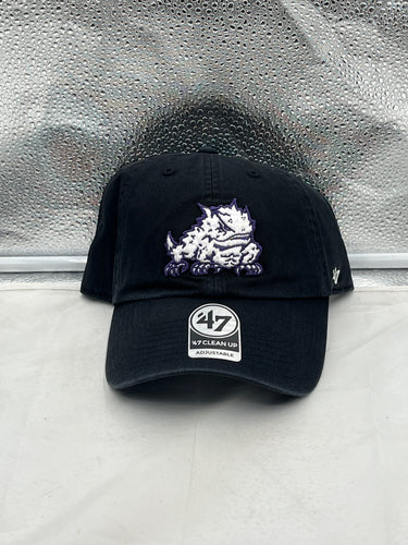 TCU Horned Frogs NCAA '47 Brand Black Clean Up Adjustable Strapback Hat displayed on a neutral background.