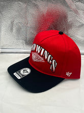 Load image into Gallery viewer, Detroit Red Wings NHL &#39;47 Brand Red TwoTone Script Hitch Adjustable Snapback Hat displayed on a white background, showcasing its vibrant red color and stylish design.
