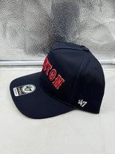 Load image into Gallery viewer, Close-up view of the Boston Red Sox MLB &#39;47 Brand Navy Script Hitch Adjustable Snapback Hat showcasing the detailed script logo, ideal for Boston Red Sox hat enthusiasts.
