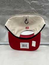 Load image into Gallery viewer, Close-up view of the Carolina Hurricanes NHL &#39;47 Tan TT Fiji Hitch Adjustable Snapback Hat logo and stitching details.
