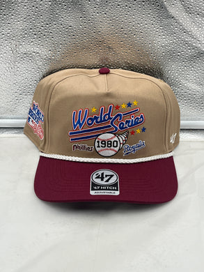 Phillies Vs Royals 1980 World Series Dueling MLB '47 Khaki Hitch Adjustable Hat showcasing front design with embroidered logos.