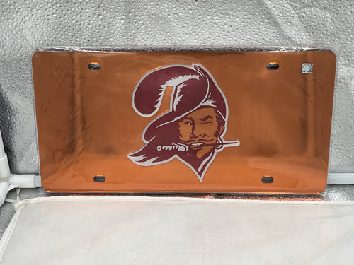 Tampa Bay Buccaneers NFL Throwback Orange Laser Cut License Plate from WinCraft, featuring a vibrant orange color and precision laser-cut team logo, ideal for displaying team pride on any vehicle.