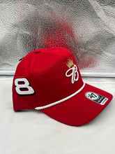Load image into Gallery viewer, Side view of Dale Earnhardt Jr. #8 &#39;47 Brand Red Budweiser Rope Hitch Adjustable Snapback Hat with classic rope hitch detail.
