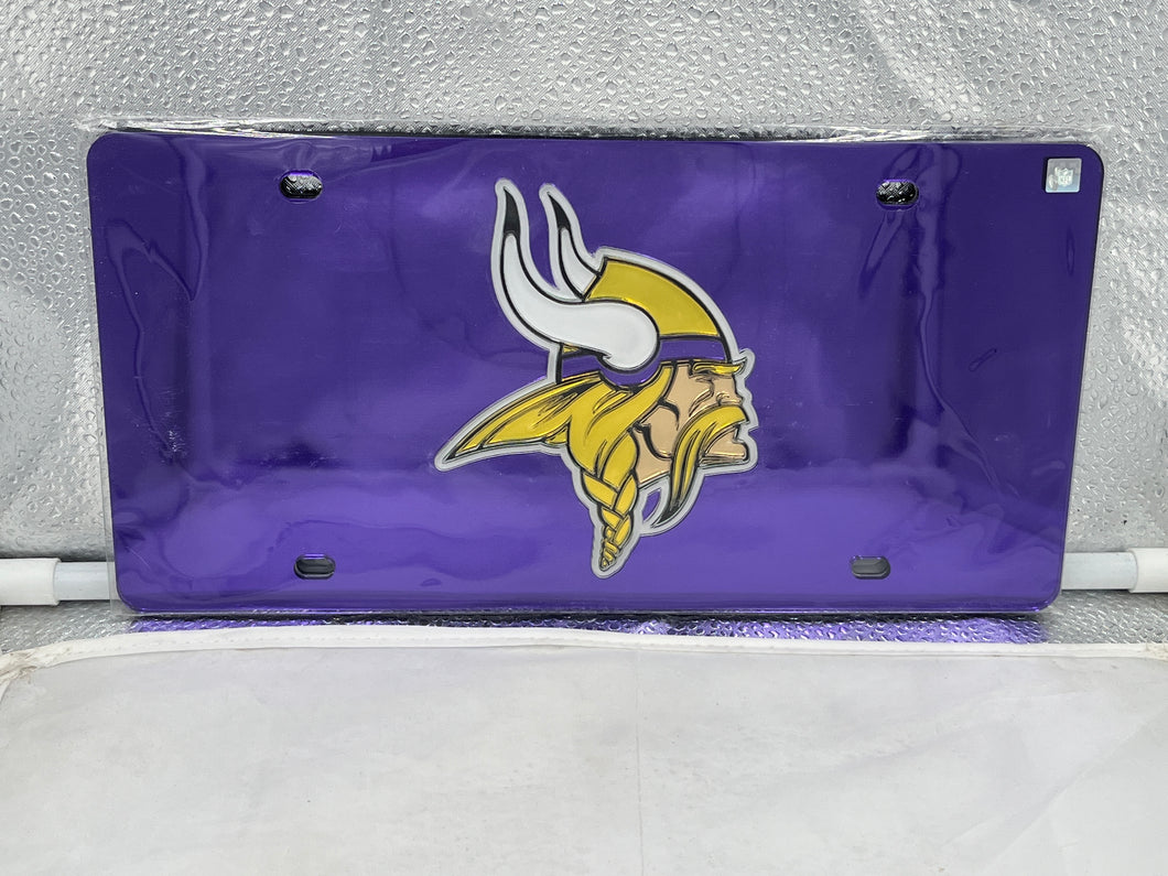 Minnesota Vikings NFL Purple Reflective Lasercut License Plate Wincraft showcasing vibrant purple color and precision lasercut design, ideal for car enthusiasts and dedicated Vikings fans.