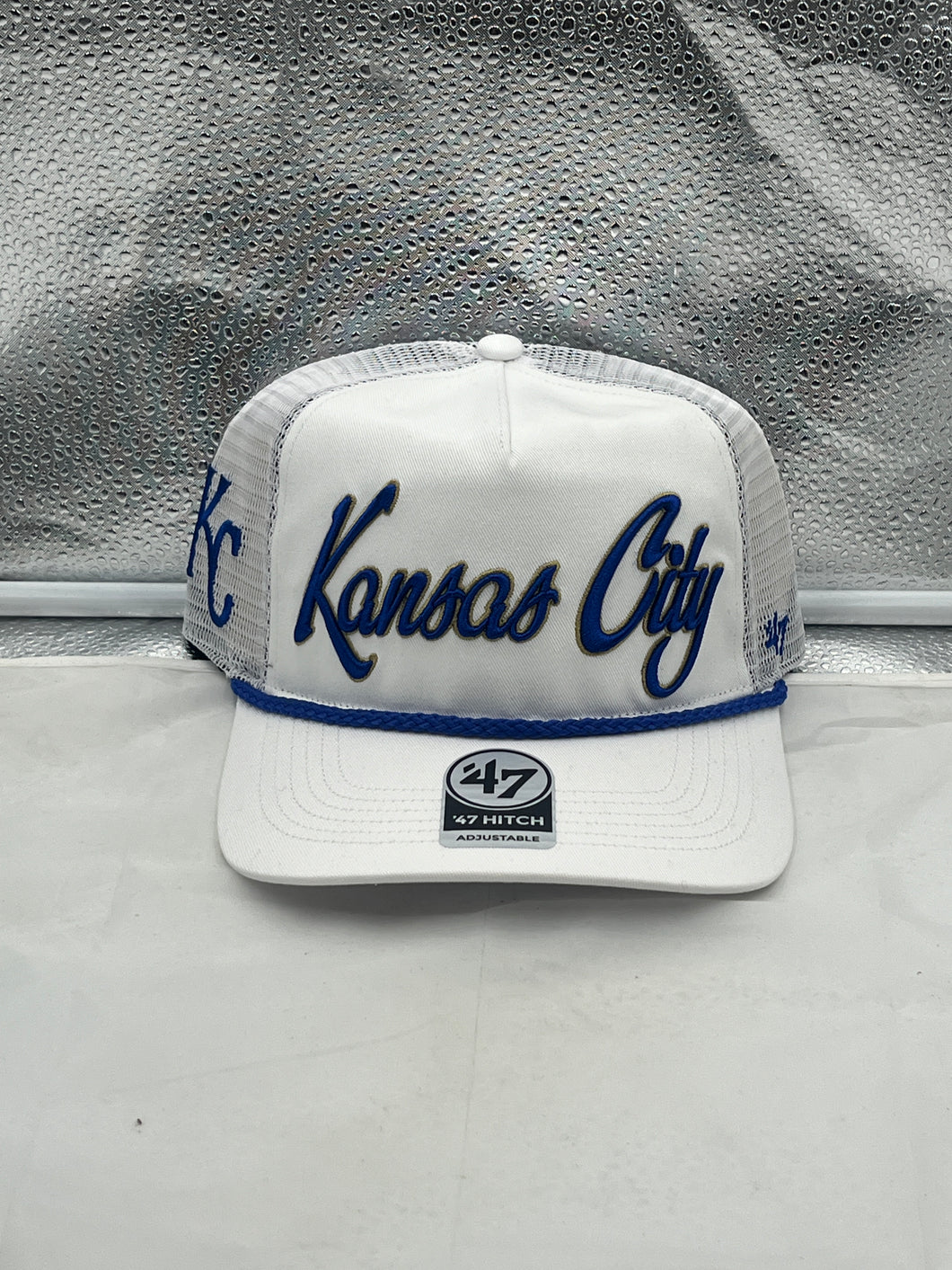 Kansas City Royals MLB '47 Brand White Script Hitch Mesh Adjustable Snapback Hat