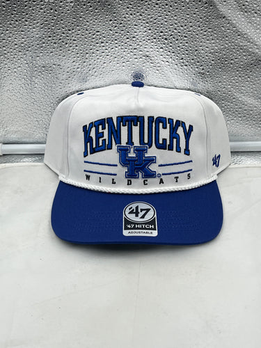 Kentucky Wildcats NCAA '47 Brand White TT Hitch Rope Adjustable Snapback Hat displayed on a white background, emphasizing the stylish design and unique hitch rope detail, perfect for fans looking for a comfortable, fashionable Kentucky Wildcats hat.