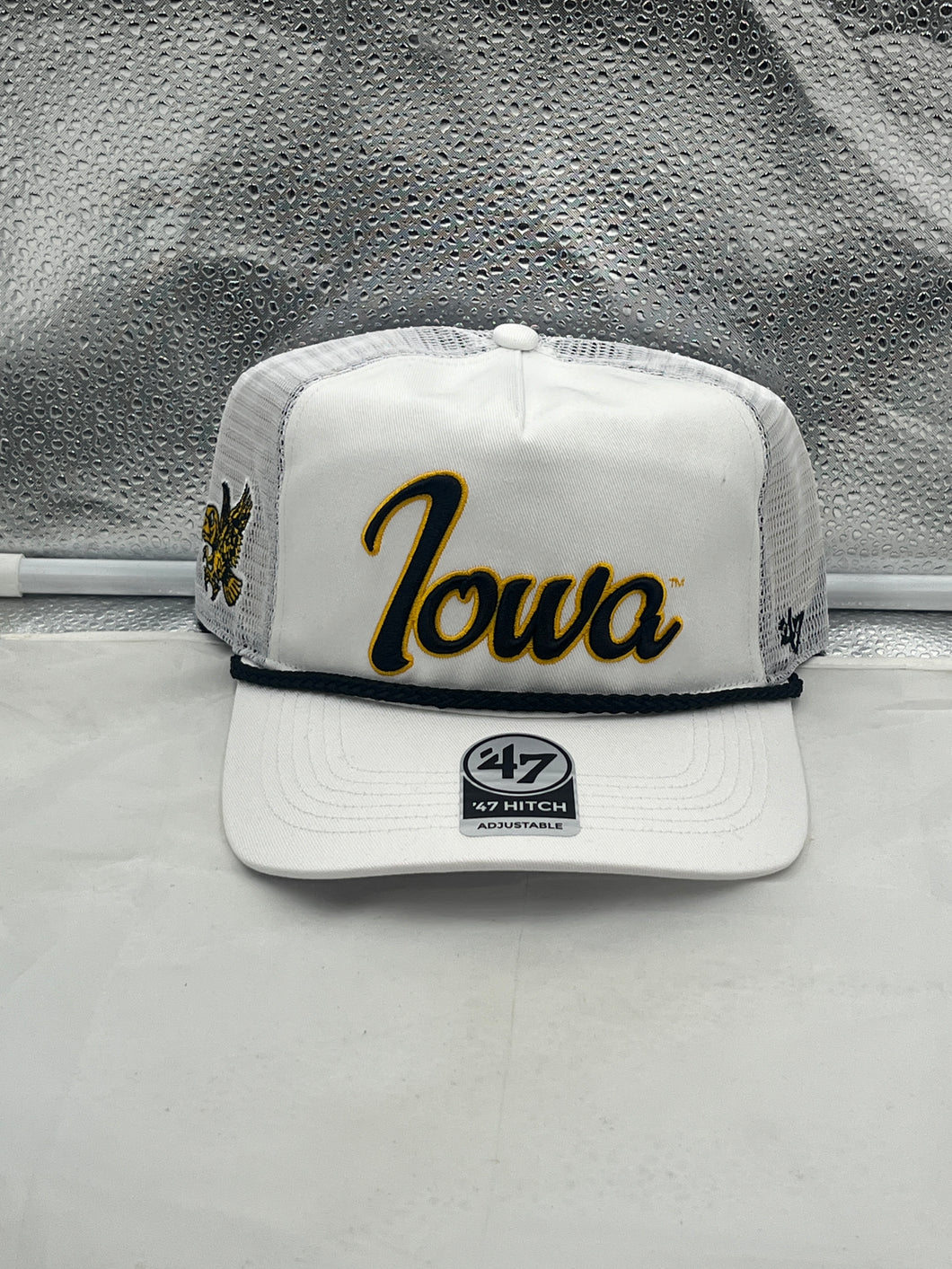 Iowa Hawkeyes NCAA 47 Brand White Script Rope Hitch Mesh Adjustable Snapback Hat showcasing stylish script design and breathable mesh back, perfect for passionate Hawkeyes fans.
