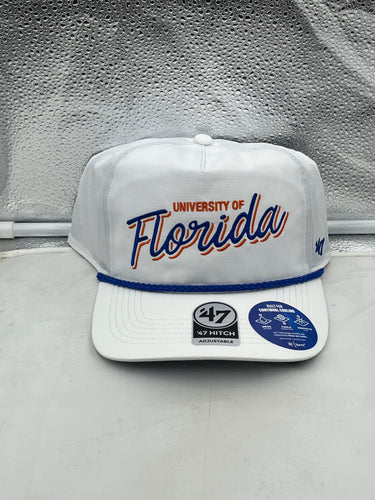 Florida Gators NCAA '47 Brand White Hitch Rope Adjustable Snapback Hat showing front design with Gators logo.