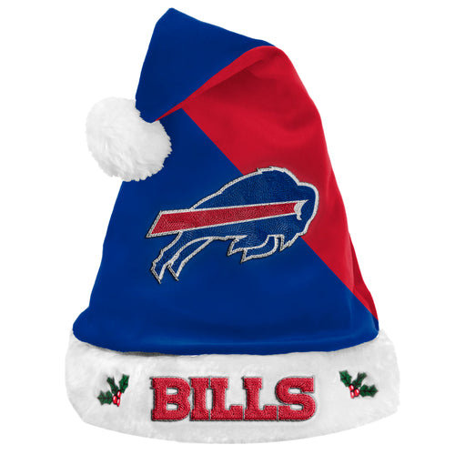 Buffalo Bills NFL Santa Hat from Forever Collectibles, a festive accessory for fans showcasing team colors and logo, perfect for holiday parties and game day celebrations.